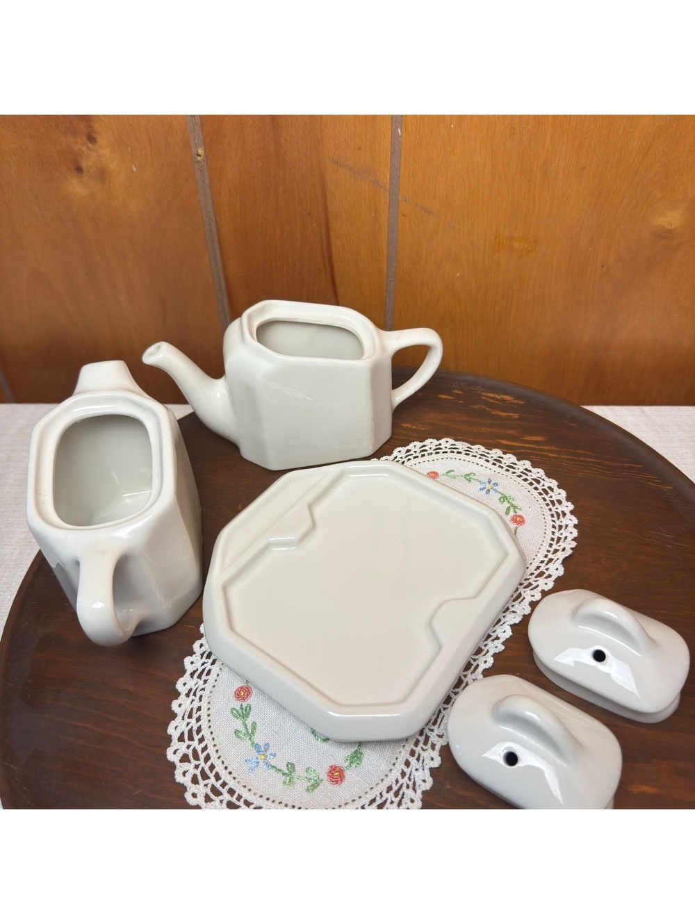 Vintage Hall China Tea For Two Set White Teapot Hot Water Pot Tray 185 186 188 - Picture 5 of 12